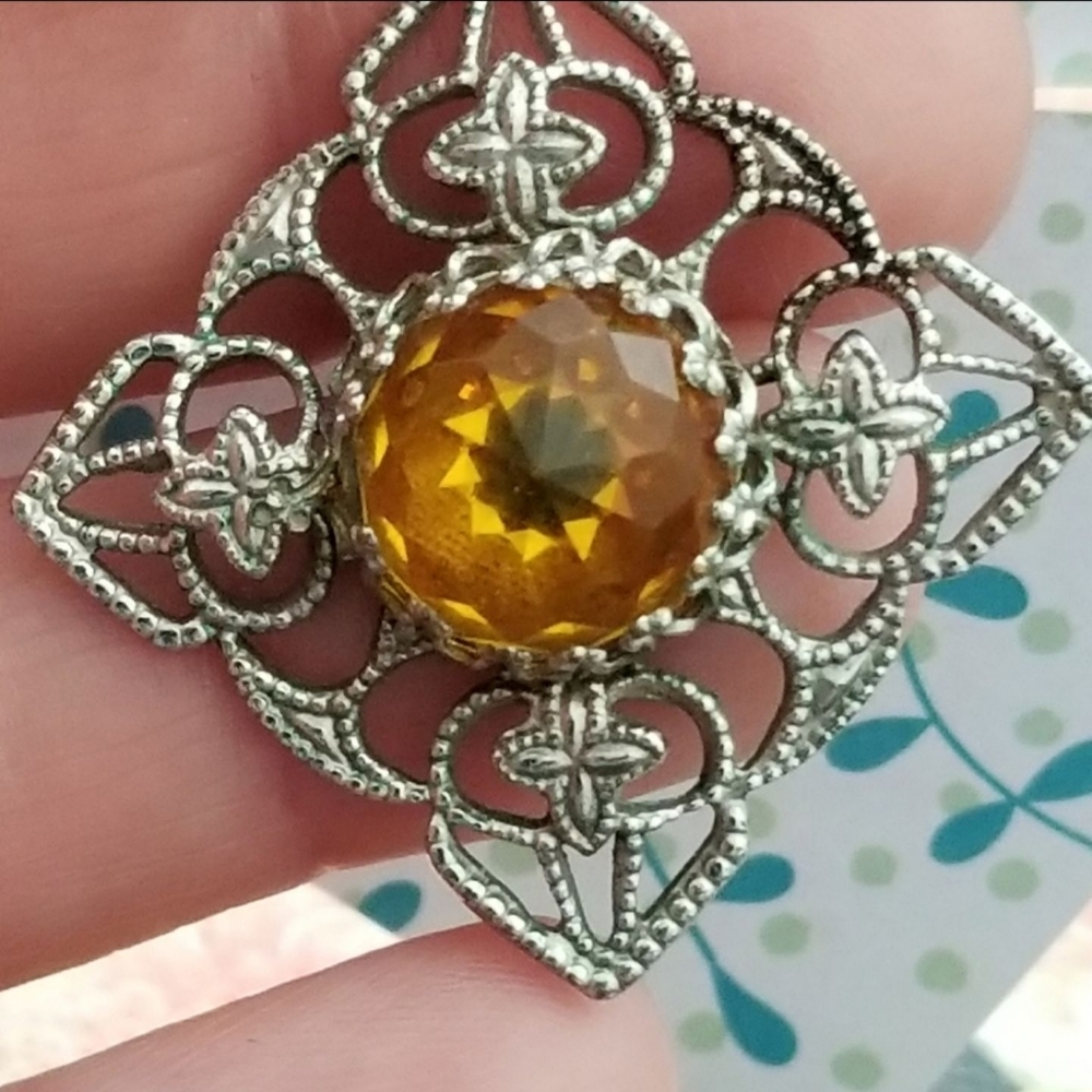 Vintage necklace yellow glass art deco silver tone filigree jewelry - Picture 12 of 12